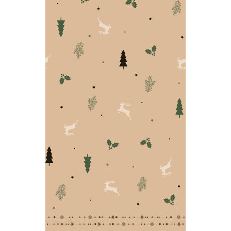 Patterned paper with trees, hares, and leaves on a beige background