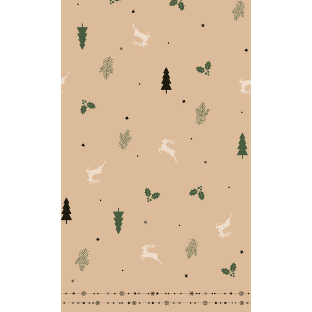 Patterned paper with trees, hares, and leaves on a beige background