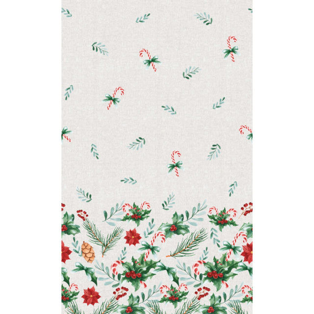 Christmas-themed pattern with candy canes, holly leaves, and berries on a white background.
