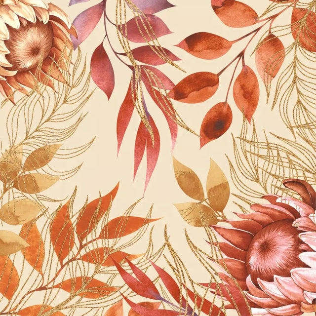 Pattern of red and gold leaves on a beige background