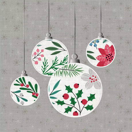 Four circular Christmas ornaments with floral and holly designs on a textured gray background.