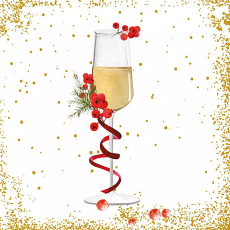 Decorative champagne flute with red berries and a ribbon on a white background with gold confetti.