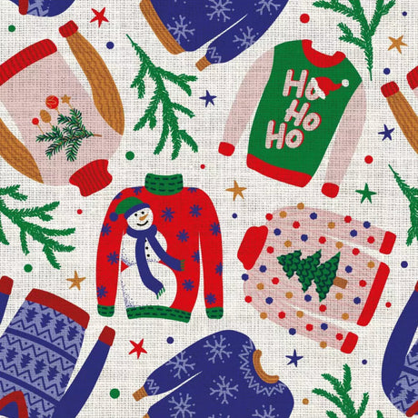 Pattern of Christmas-themed sweaters, trees, and snowmen on a white background.
