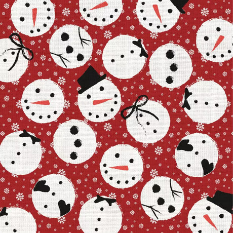 Pattern of snowmen on a red background with white snowflakes