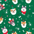 Pattern of Christmas-themed dogs on a green background