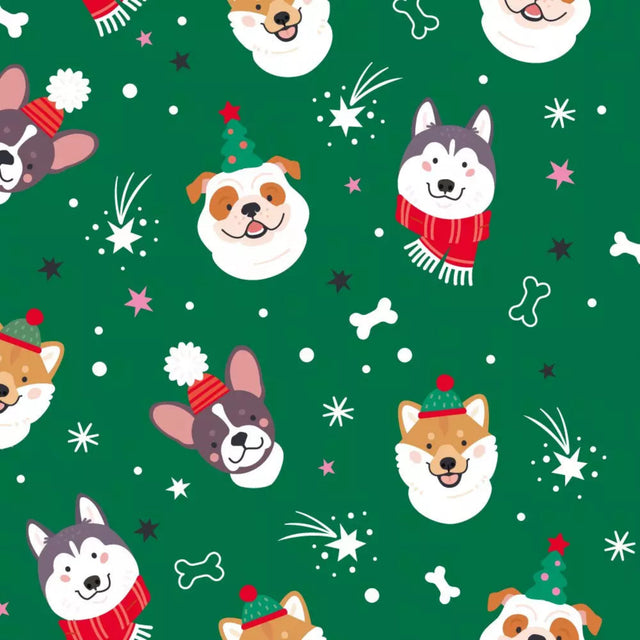 Pattern of Christmas-themed dogs on a green background