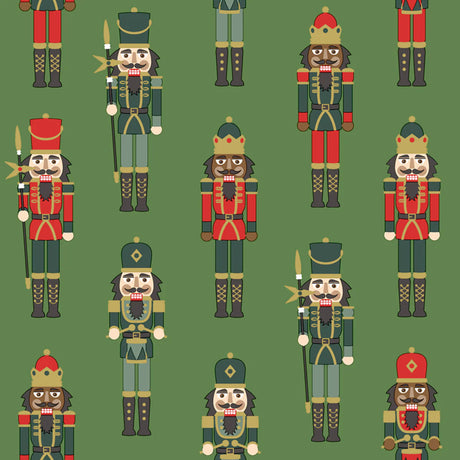 Pattern of colorful nutcrackers on a green background