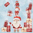 Illustration of Santa Claus with a stack of Christmas presents on a snowy background