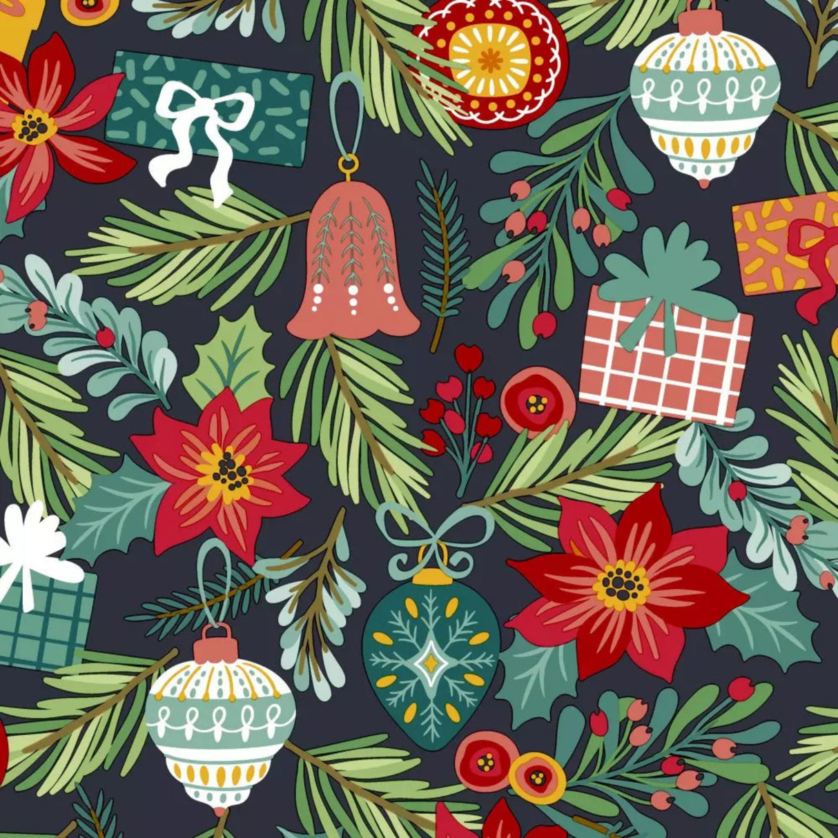 Christmas-themed pattern with flowers, ornaments, and leaves on a dark background