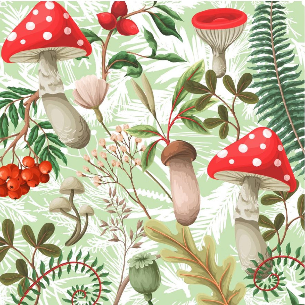 Pattern of red and white mushrooms with green leaves and berries on a light green background