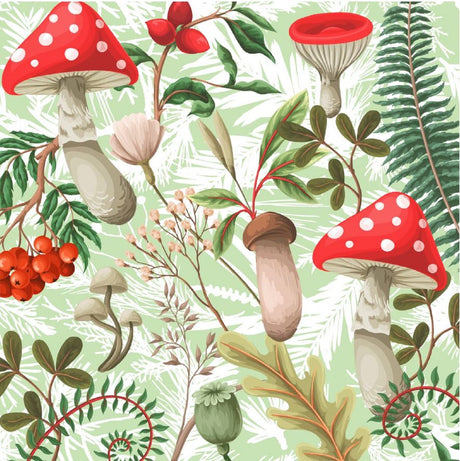Pattern of red and white mushrooms with green leaves and berries on a light green background