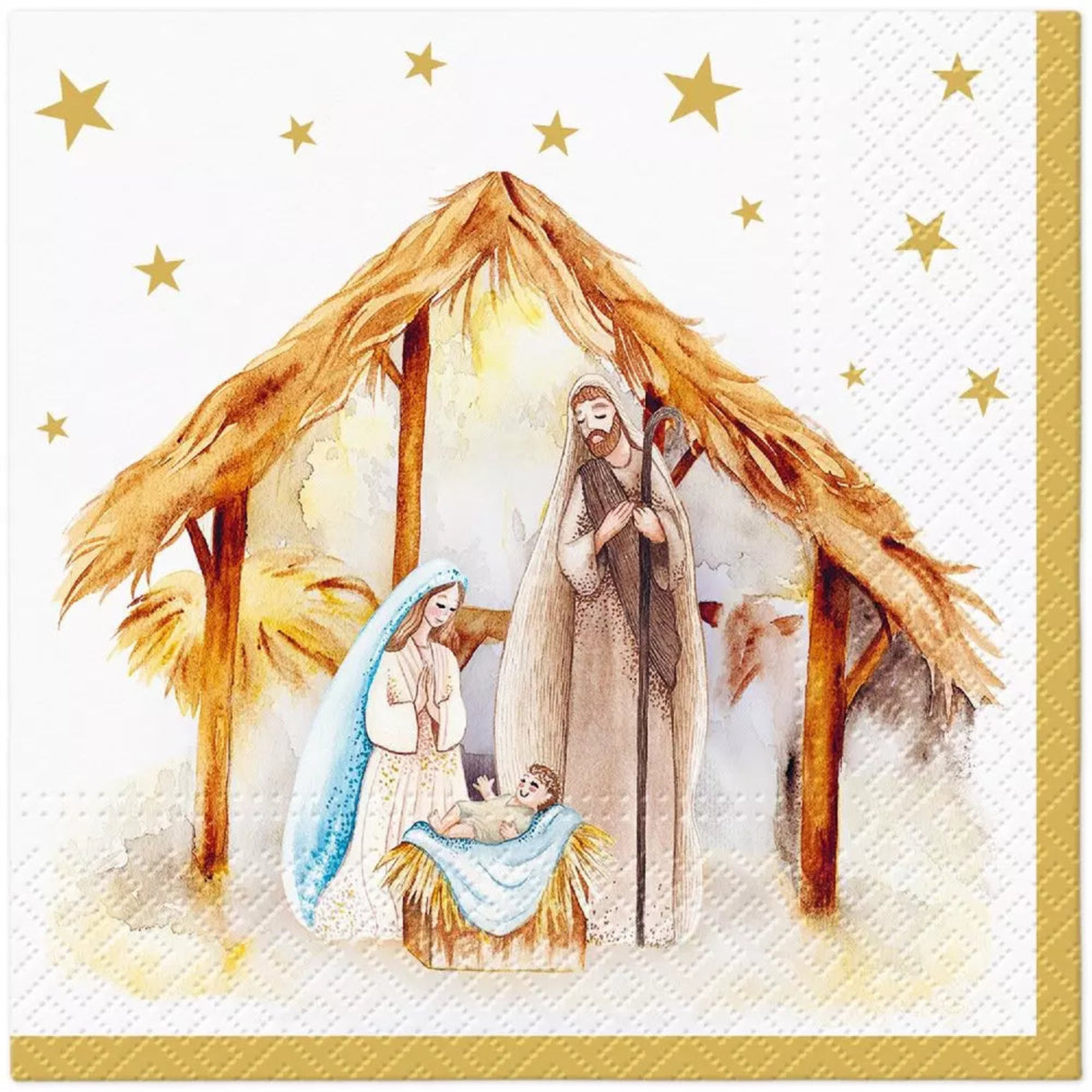 Napkin with nativity scene illustration featuring Mary, Joseph, and baby Jesus.