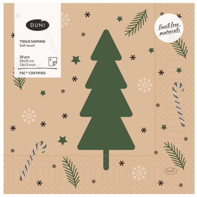 Tissue napkins with Christmas tree design on a brown paper background