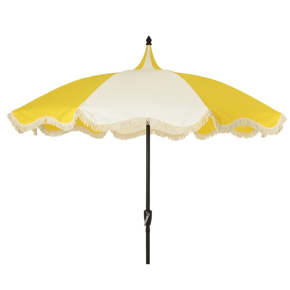 Outdoor Living 2.5m Macramé Fringed Wind-Up Garden Parasol - White & Yellow
