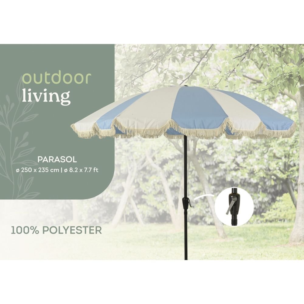 Outdoor Living 2.5m Macramé Fringed Wind-Up Garden Parasol - White & Blue - Old Railway Line Garden Centre