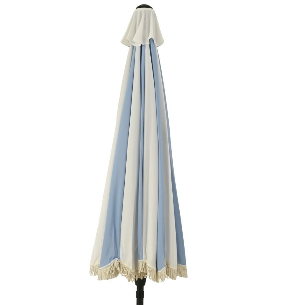 Outdoor Living 2.5m Macramé Fringed Wind-Up Garden Parasol - White & Blue - Old Railway Line Garden Centre