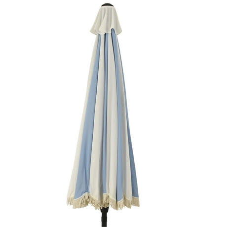 Outdoor Living 2.5m Macramé Fringed Wind-Up Garden Parasol - White & Blue - Old Railway Line Garden Centre