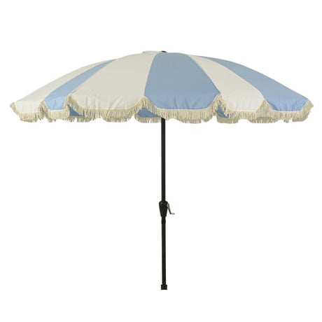 Outdoor Living 2.5m Macramé Fringed Wind-Up Garden Parasol - White & Blue - Old Railway Line Garden Centre