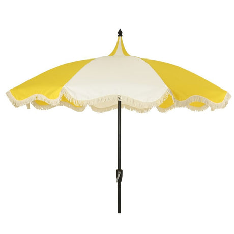 Outdoor Living 2.5m Macramé Fringed Wind-Up Garden Parasol - White & Yellow - Old Railway Line Garden Centre