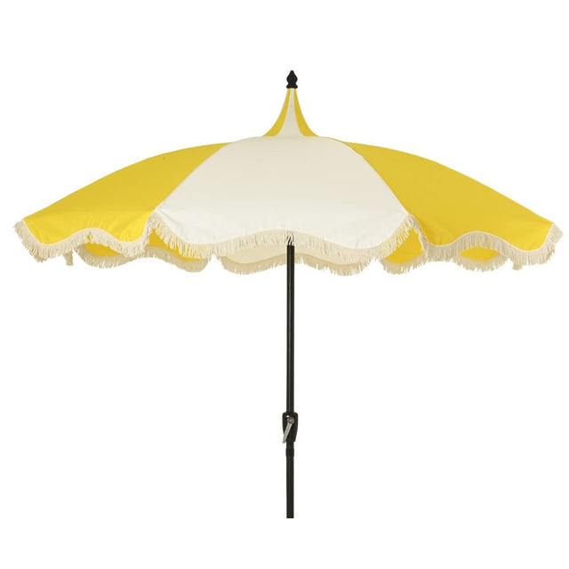 Outdoor Living 2.5m Macramé Fringed Wind-Up Garden Parasol - White & Yellow - Old Railway Line Garden Centre