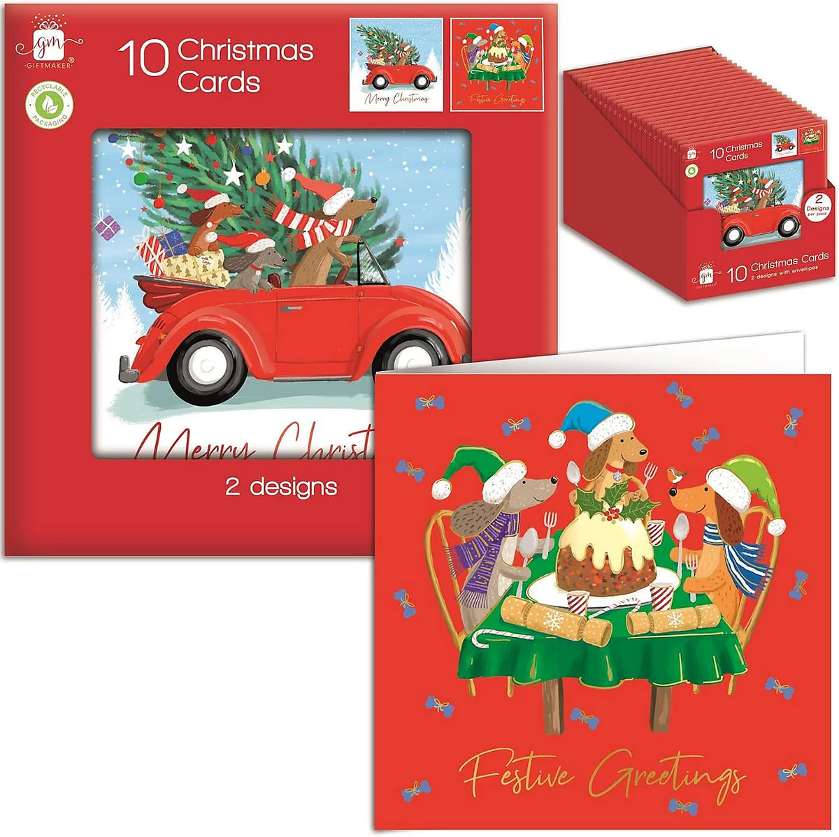 Giftmaker Festive Dachshunds Car/Xmas Pud Christmas Cards - 2 Designs - Pack of 10
