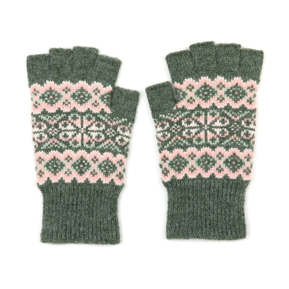 POM Agnes Green and Pink Mix Festive Knit Fingerless Gloves
