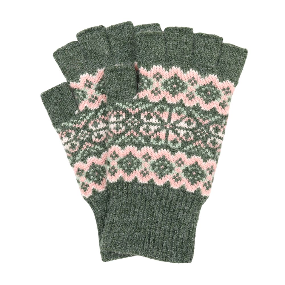 POM Agnes Green and Pink Mix Festive Knit Fingerless Gloves