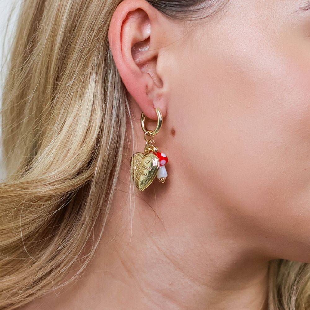 POM Alice Stainless Steel Gold Plated Hoop, Locket and Charm Earrings
