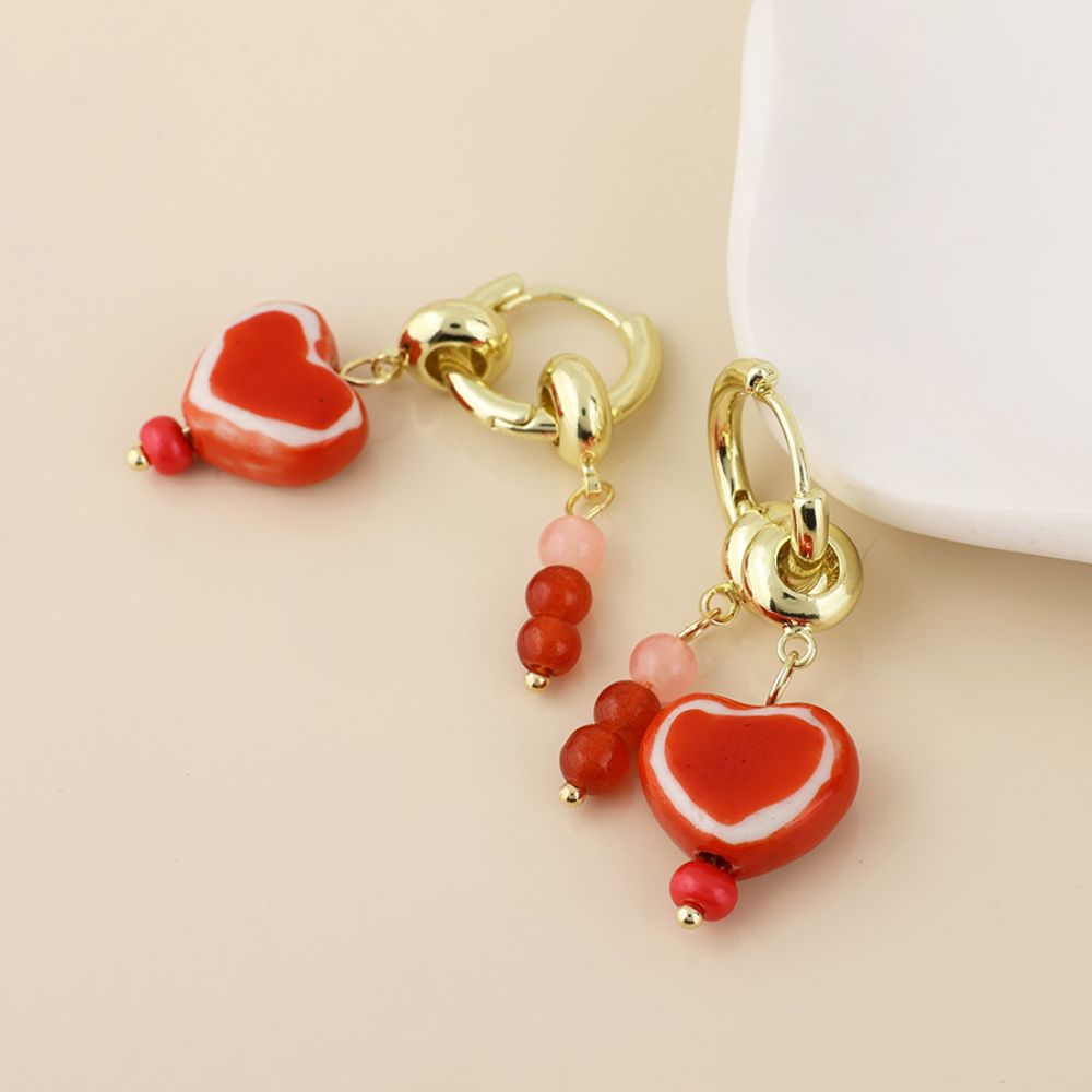 POM Amour Stainless Steel Gold Plated Hoop Red Heart Charm and Bead Earrings