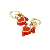 POM Amour Stainless Steel Gold Plated Hoop Red Heart Charm and Bead Earrings