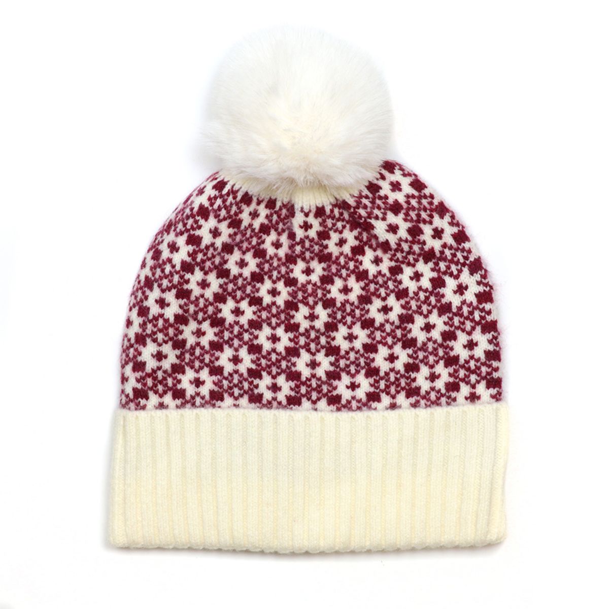POM Atsrid Berry and Cream Scandi Star Knit Bobble Hat