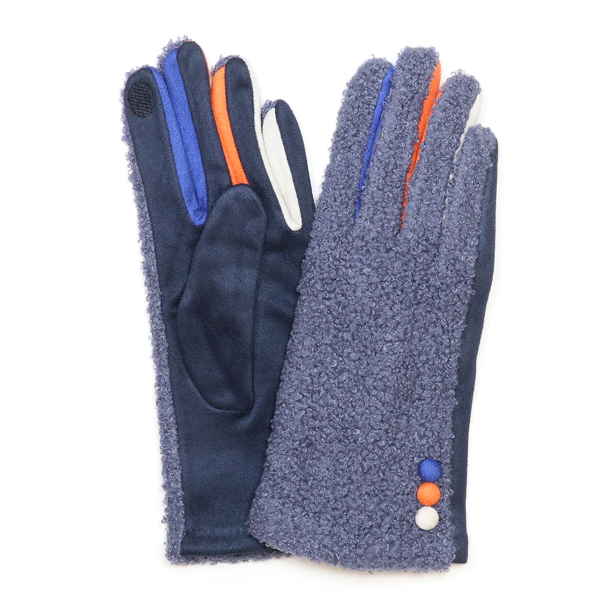 POM Bergen Fleece and Faux Suede Blue Mix Button Gloves
