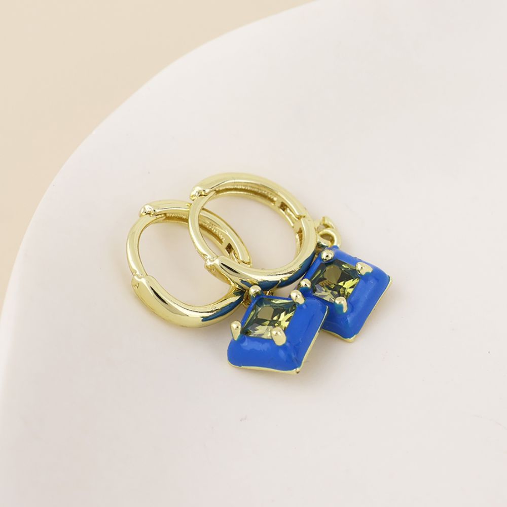 POM Candy Stainless Steel Gold Plated Hoop Blue Crystal Diamond Charm Earrings
