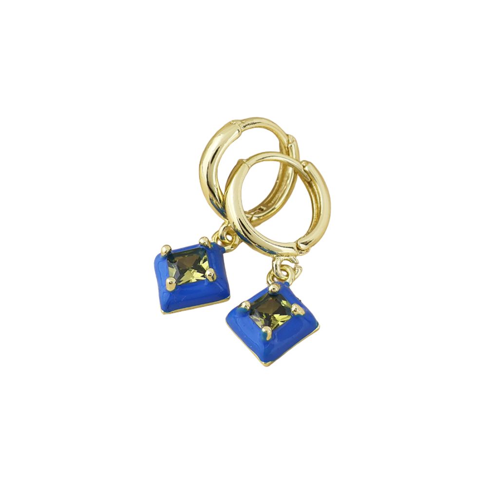 POM Candy Stainless Steel Gold Plated Hoop Blue Crystal Diamond Charm Earrings