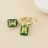 POM Candy Stainless Steel Gold Plated Hoop Green Crystal Oblong Charm Earrings