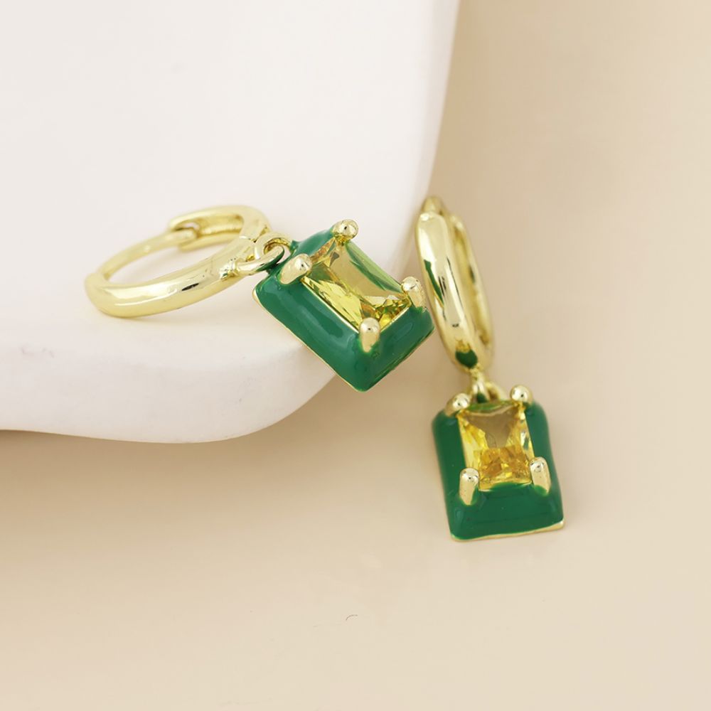 POM Candy Stainless Steel Gold Plated Hoop Green Crystal Oblong Charm Earrings