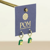 POM Candy Stainless Steel Gold Plated Hoop Green Crystal Oblong Charm Earrings