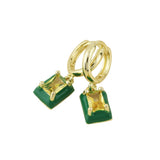 POM Candy Stainless Steel Gold Plated Hoop Green Crystal Oblong Charm Earrings