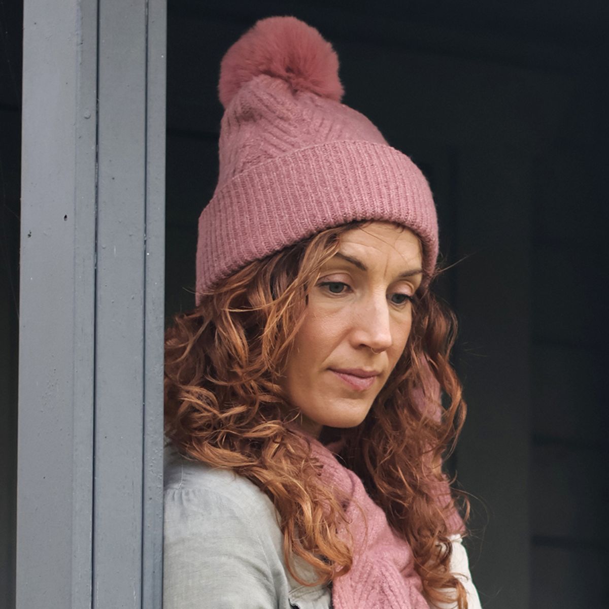 POM Charlotte Dusky Coral Herringbone Knit Bobble Hat