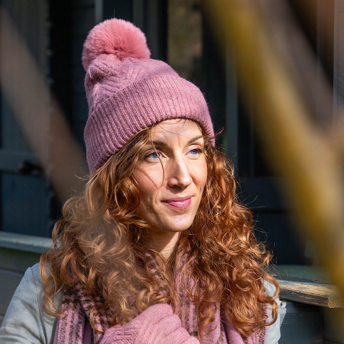 POM Charlotte Dusky Coral Herringbone Knit Bobble Hat