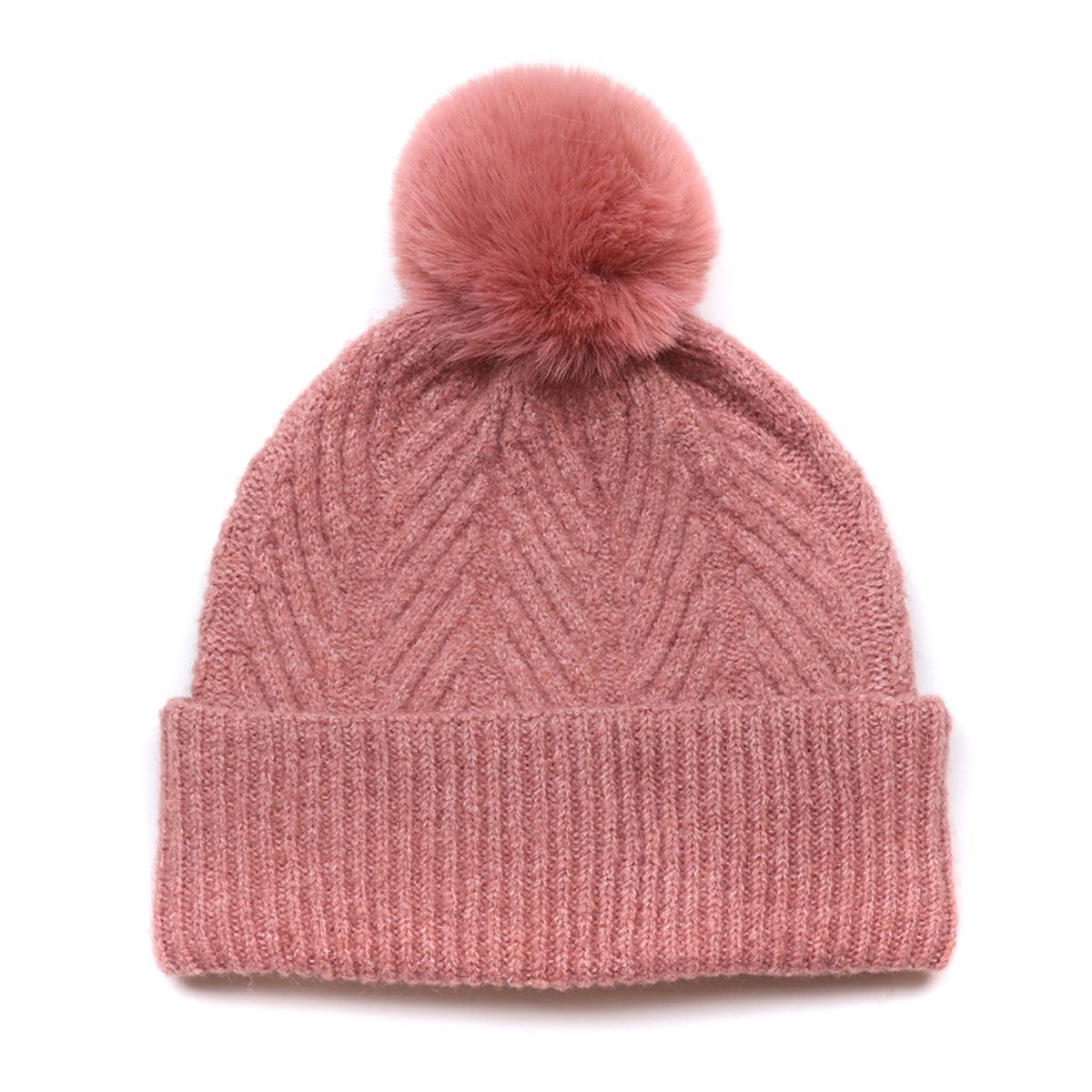 POM Charlotte Dusky Coral Herringbone Knit Bobble Hat