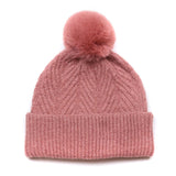POM Charlotte Dusky Coral Herringbone Knit Bobble Hat