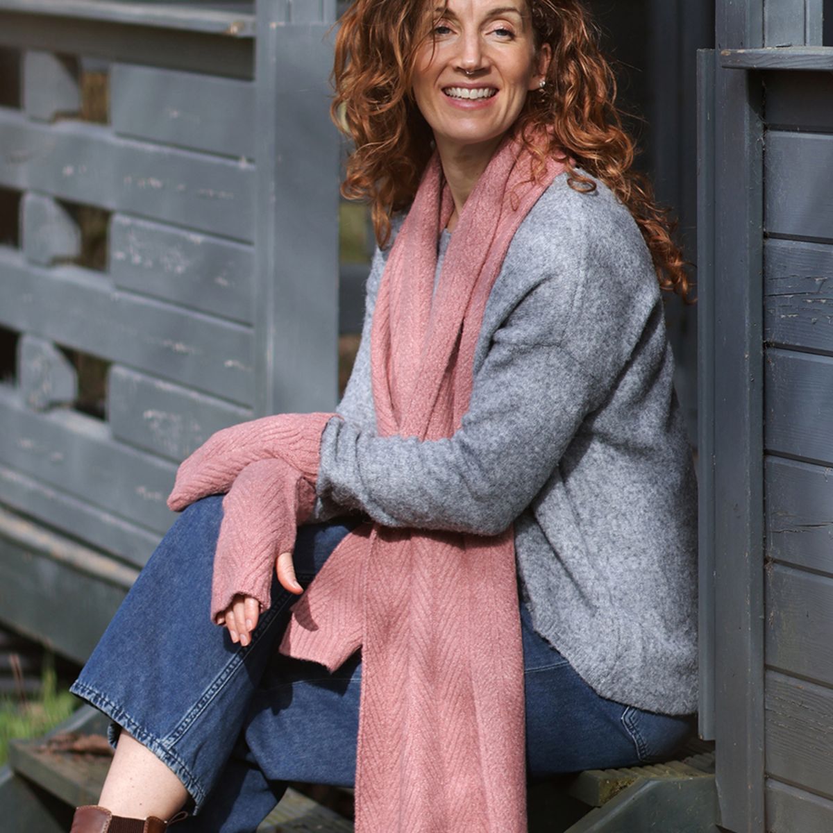 POM Charlotte Dusty Rose Herringbone Knit Scarf