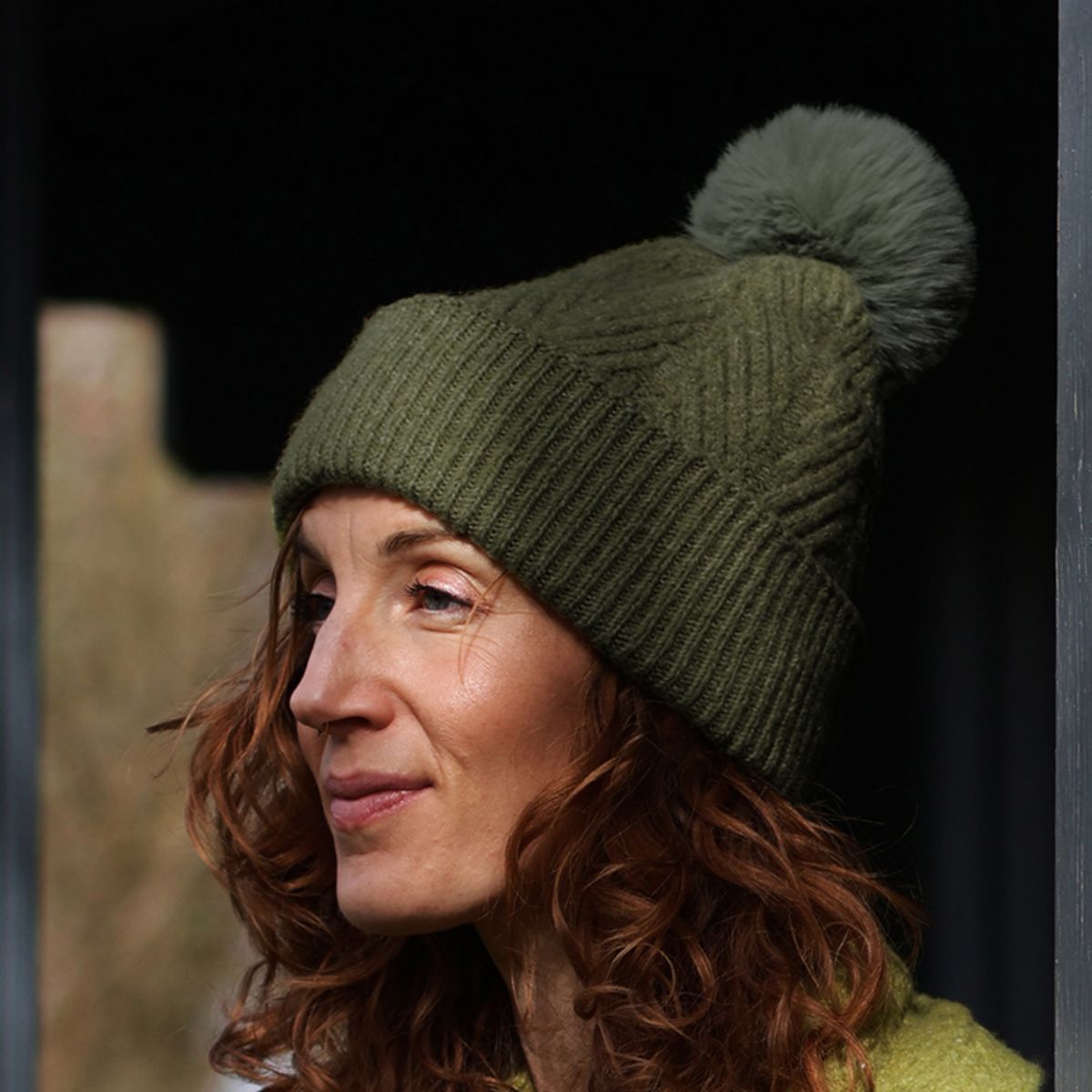 POM Charlotte Moss Green Herringbone Knit Bobble Hat