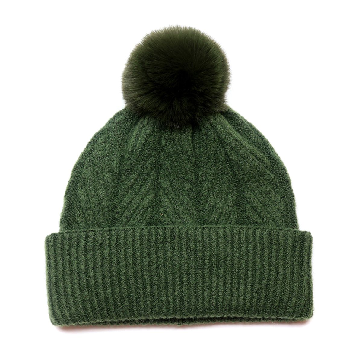 POM Charlotte Moss Green Herringbone Knit Bobble Hat