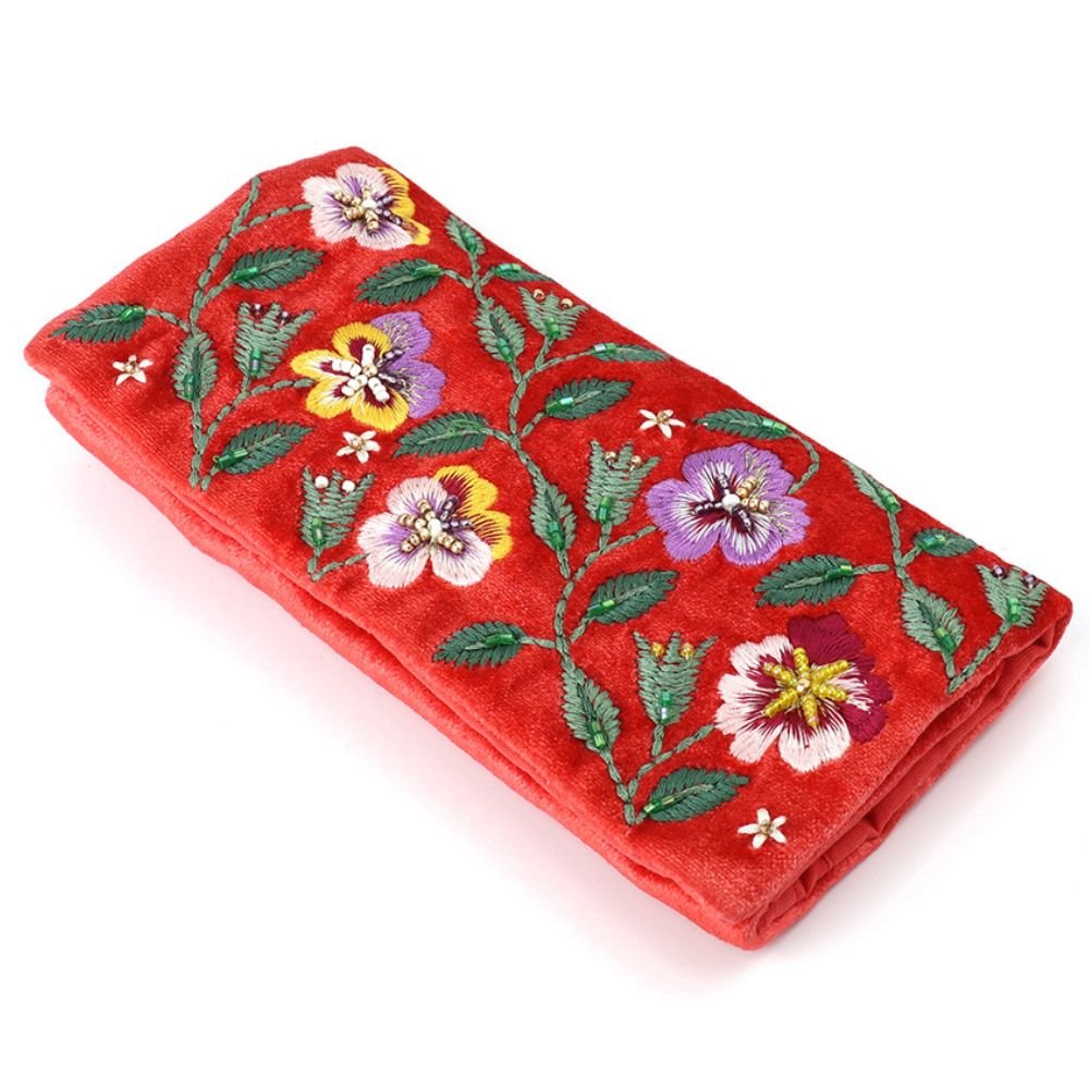 POM Coral Velvet Embroidered Pansie's Jewellery Roll - Old Railway Line Garden Centre