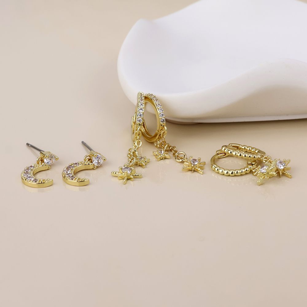 POM Doris Golden Triple Celestial Crystal Earrings Set