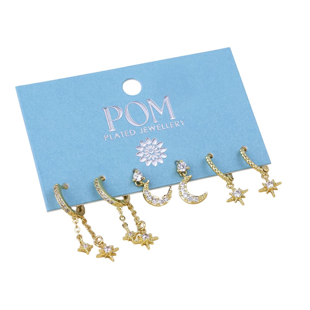 POM Doris Golden Triple Celestial Crystal Earrings Set