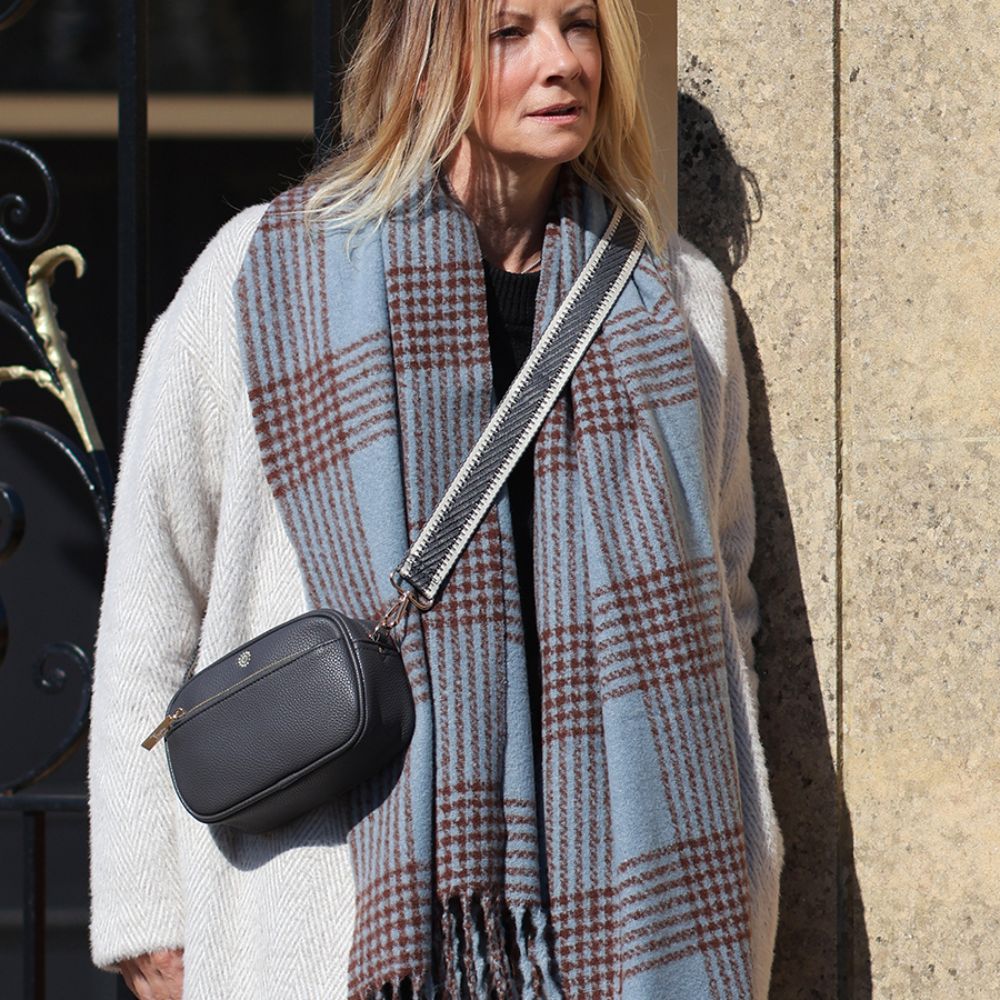 POM Emily Duck Egg Blue and Brown Check Stripes Scarf