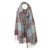 POM Emily Duck Egg Blue and Brown Check Stripes Scarf